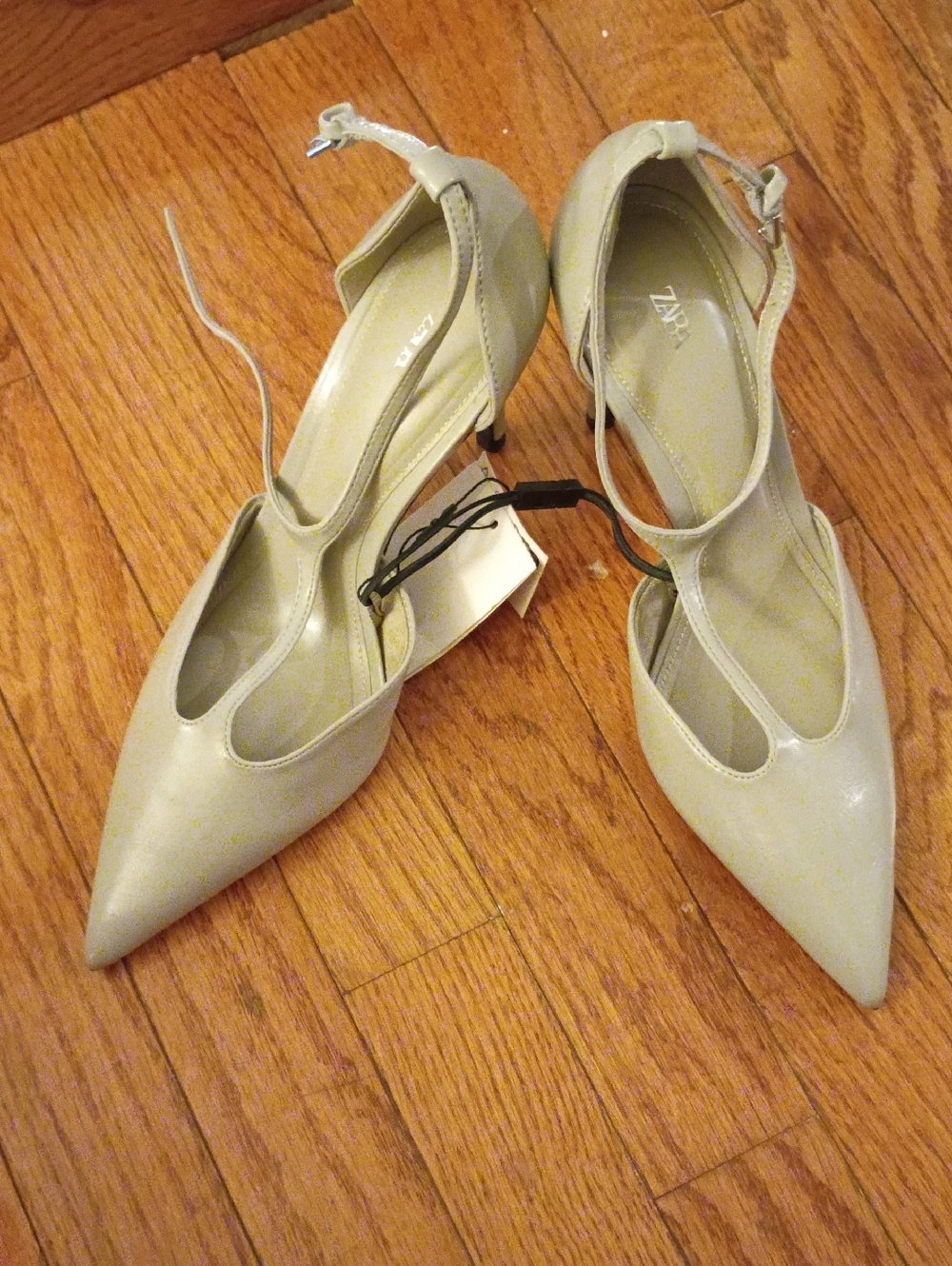 Zara Pointed T-Strap Slingback Heels in Pale Gray
